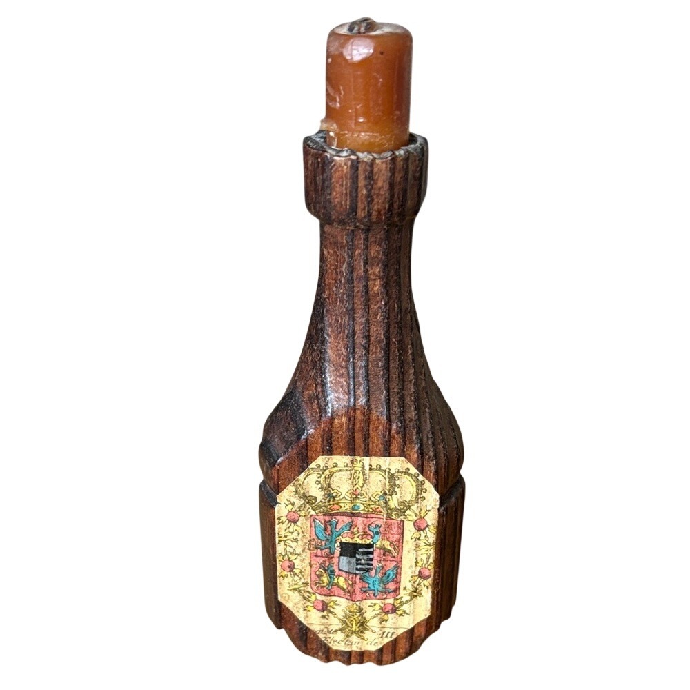 Vintage Wooden Hand Carved Bottle Taper Candle Holder w/Crest Accent 5.85"Knight